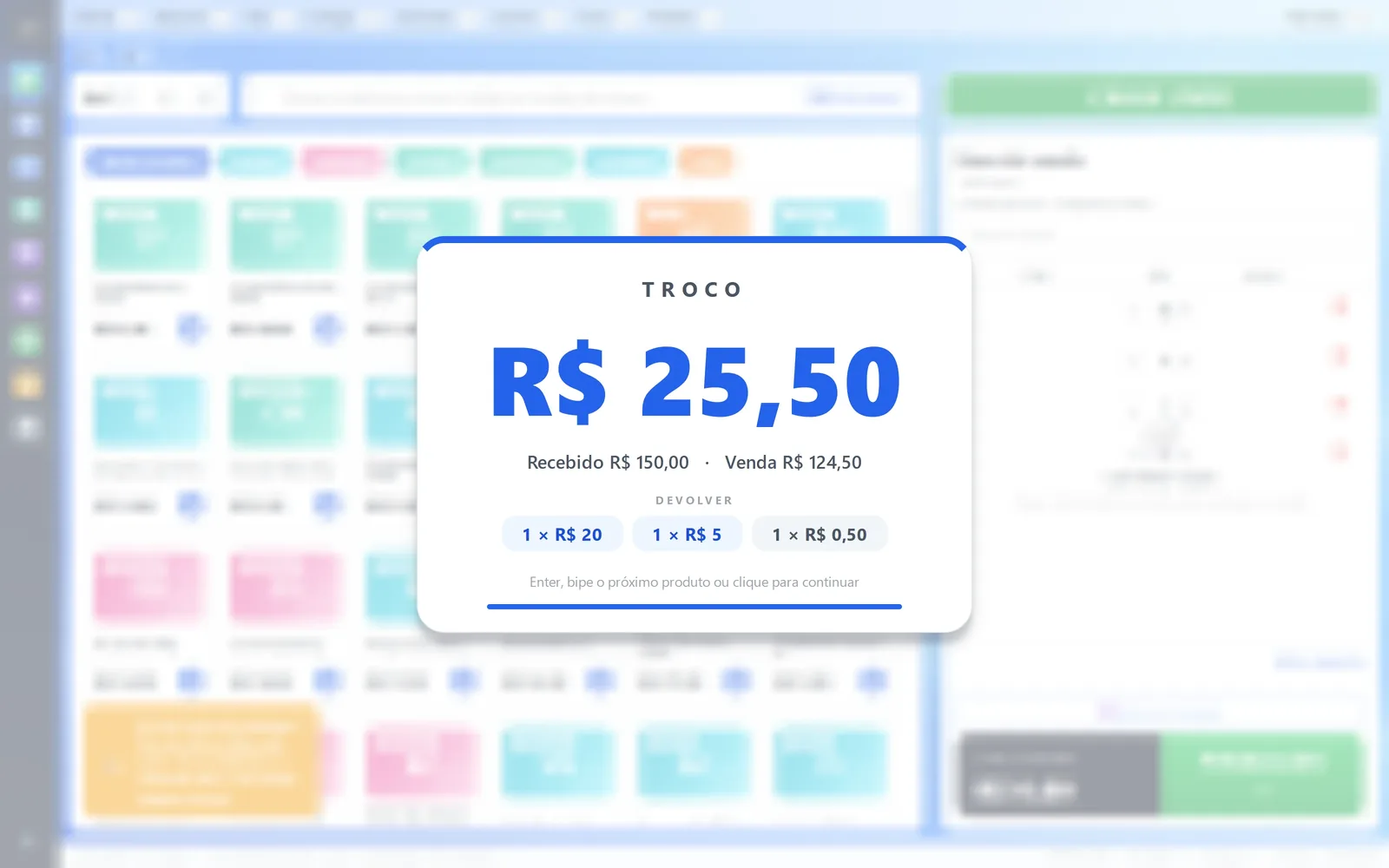 Troco gigante na tela do OkPDV: R$ 25,50, com as notas e moedas a devolver